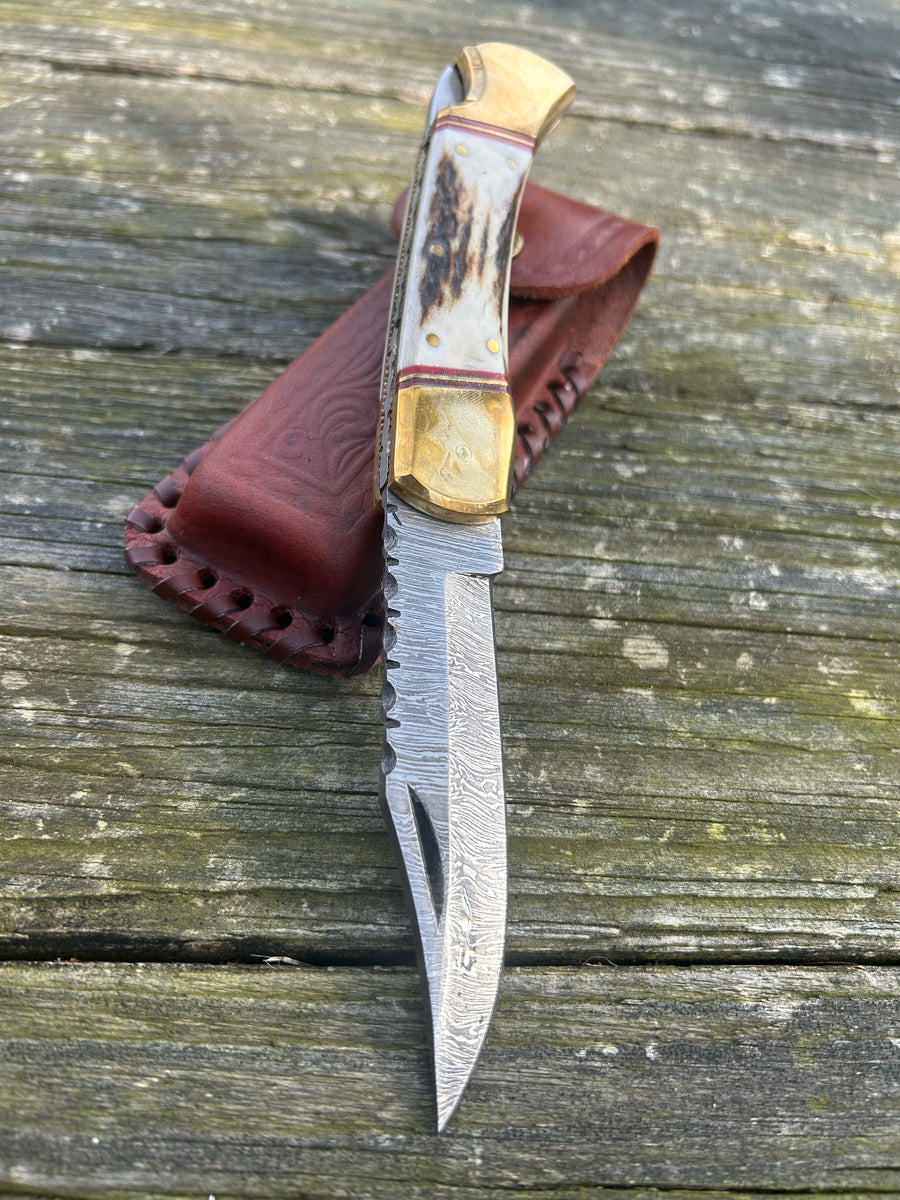 Custom Damascus Folding Pocket Knife with Stag Handle FD-04