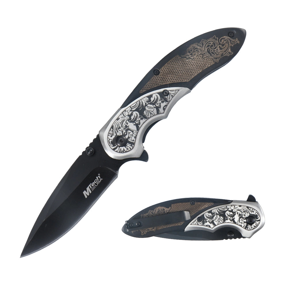 MTech USA MTech MT-A2006BB Spring Assisted Knife - Etched Wood Handle
