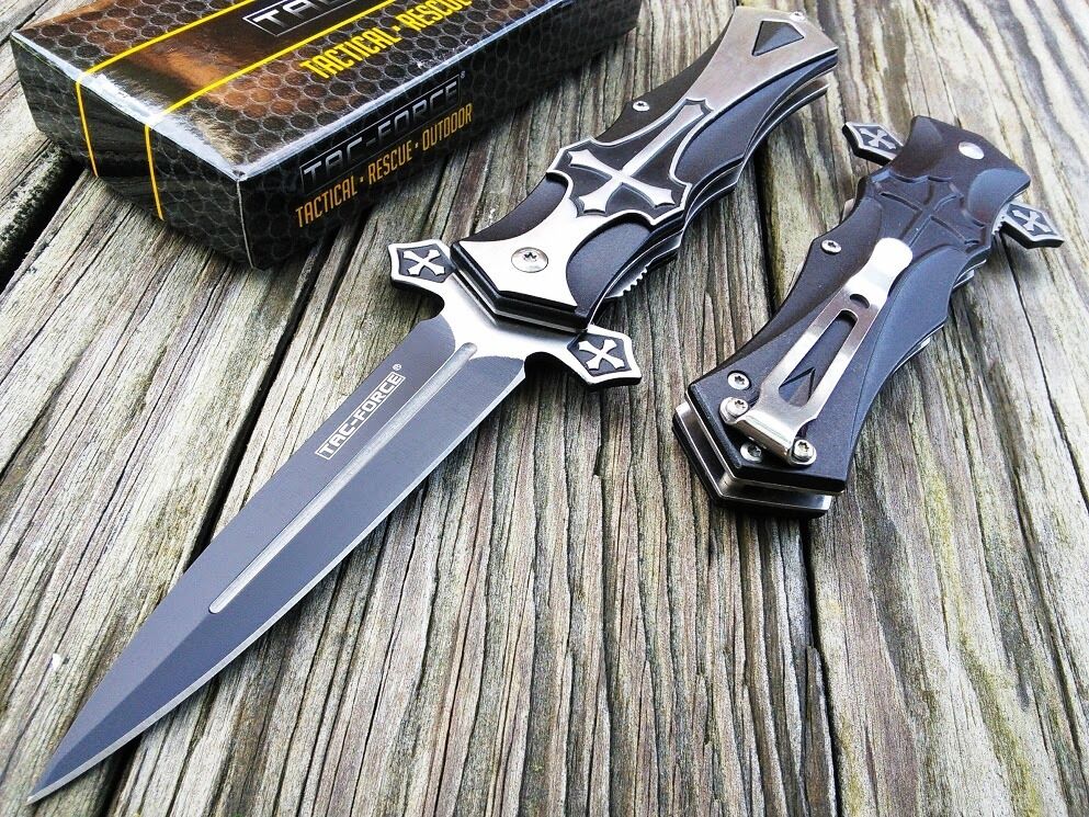 9.5 STAINLESS STEEL CELTIC CROSS SPRING ASSISTED OPEN POCKET KNIFE Gothic  EDC NEW