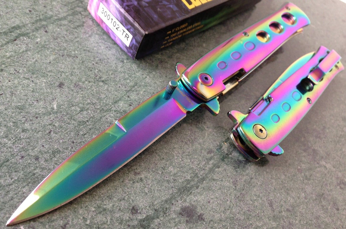 9 TAC-FORCE LARGE RAINBOW STILETTO SPRING ASSISTED FOLDING POCKET KNIFE  Open