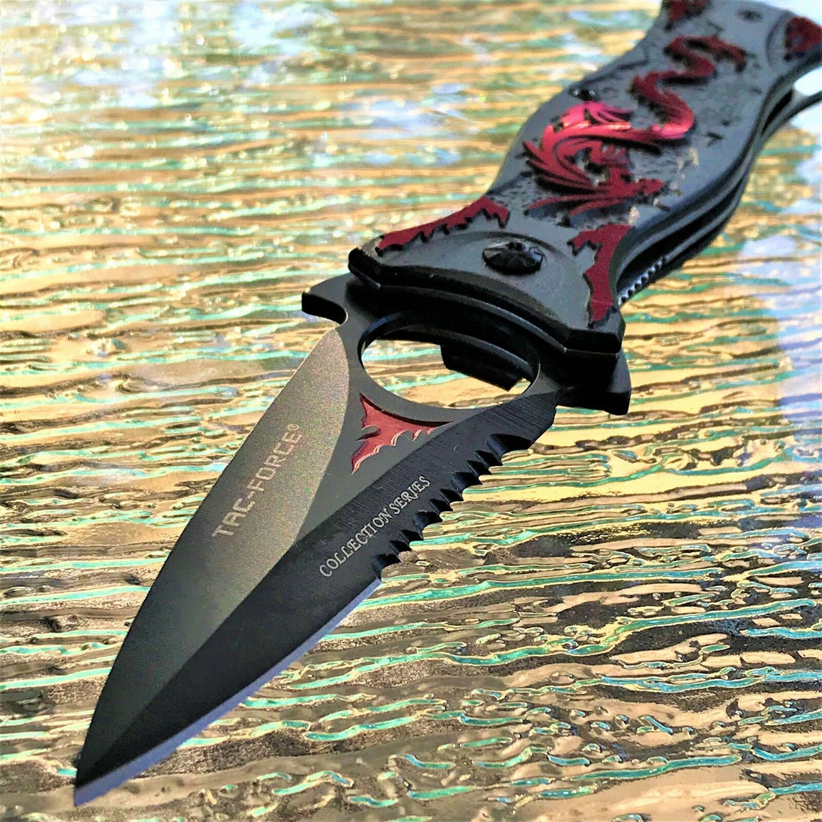 TACTICAL STILETTO ASSISTED FOLDING BLADE Red Dragon Samurai Spring