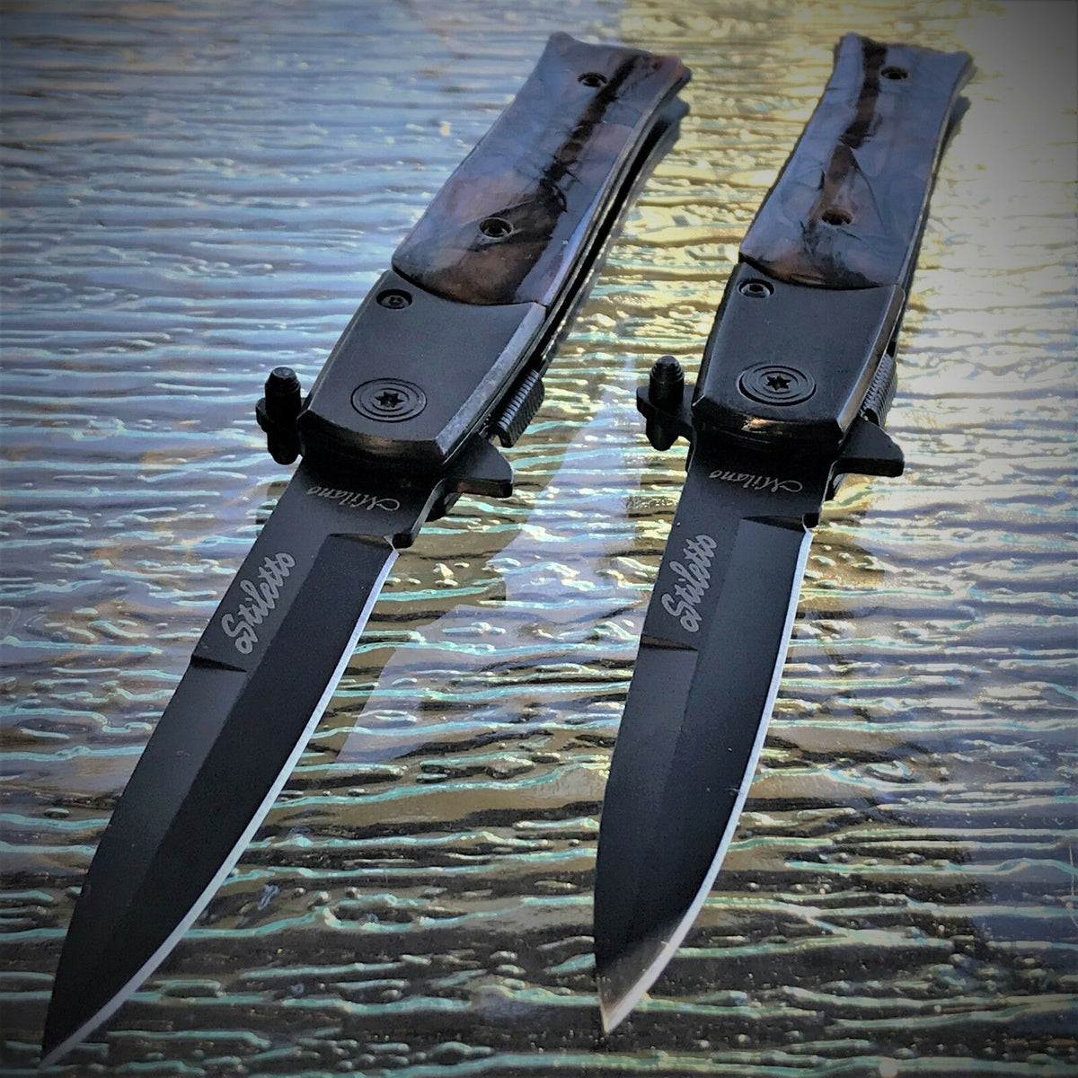 TWO BLACK HANDLE ASSISTED OPEN FOLDING POCKET KNIFE SET TF-719BK