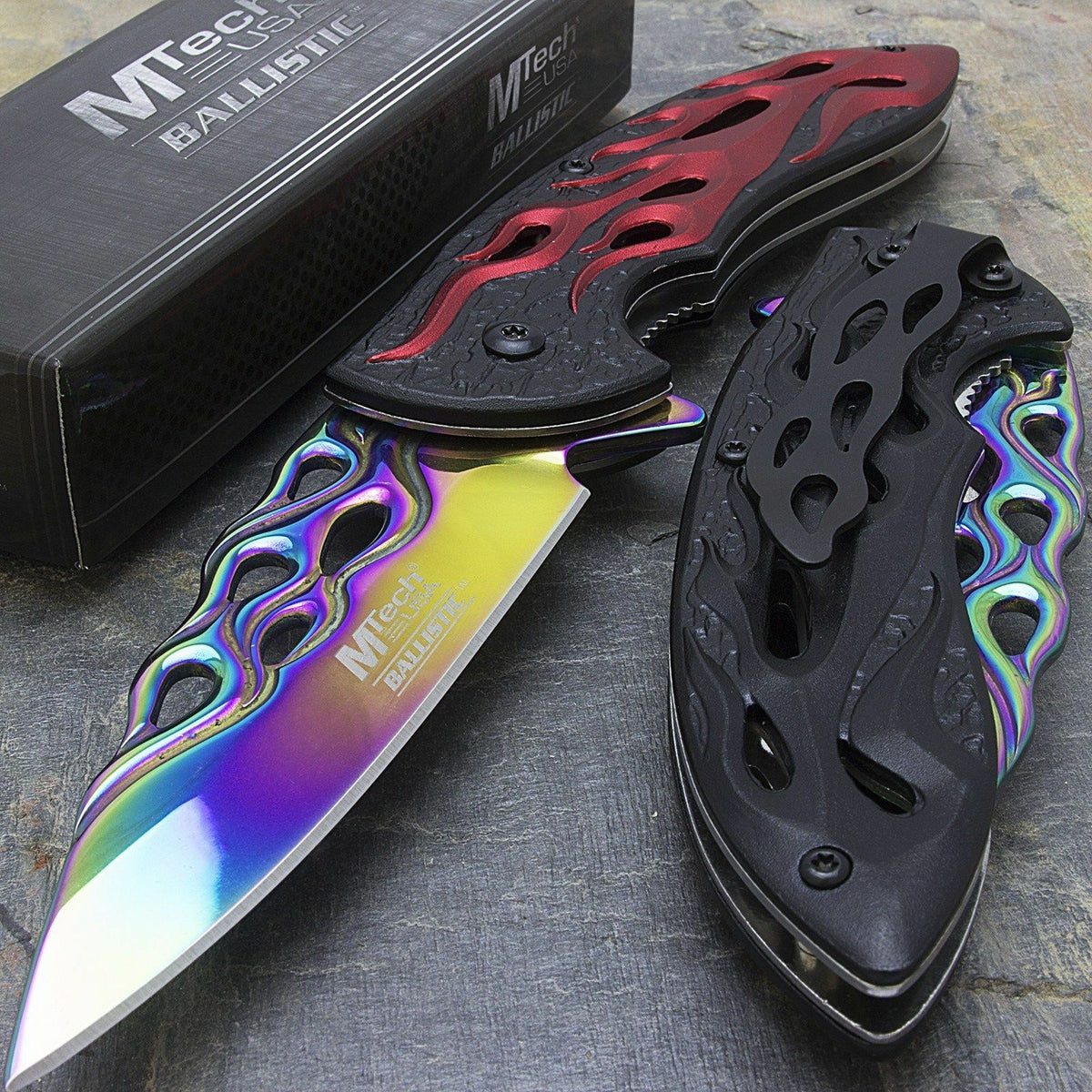 8 MTECH ASSISTED OPEN TACTICAL RED FLAMES FOLDING KNIFE Blade Pocket