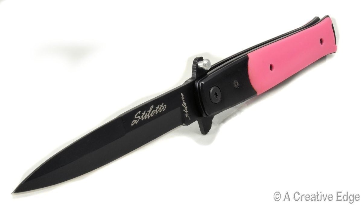 Pink Stiletto Black Stainless Steel Blade  Abs Steel Handle 7.25 inch Edc  Folding Knife