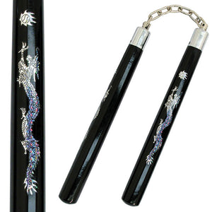 12" Black Wooden Nunchucks With Ornate Dragon Decal (HPC133) - Frontier Blades