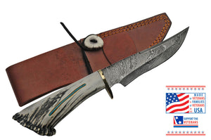 12" Elk Antler Damascus Skinner Knife Made In USA - Frontier Blades