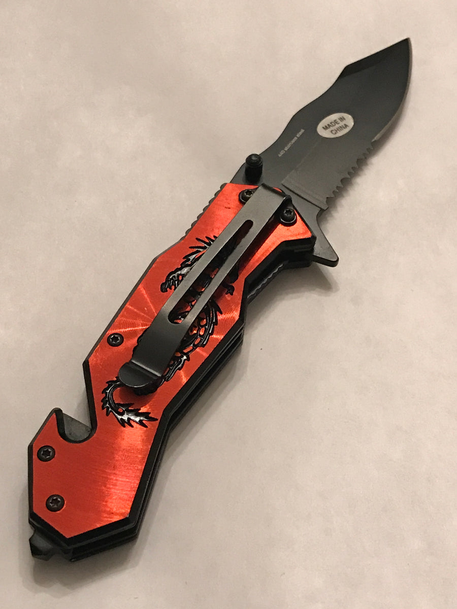 TACTICAL STILETTO ASSISTED FOLDING BLADE Red Dragon Samurai Spring Pocket  Knife