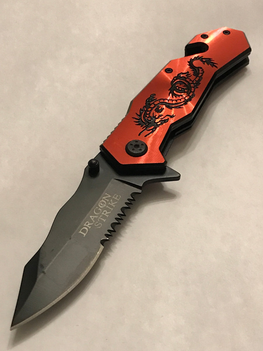 TACTICAL STILETTO ASSISTED FOLDING BLADE Red Dragon Samurai Spring