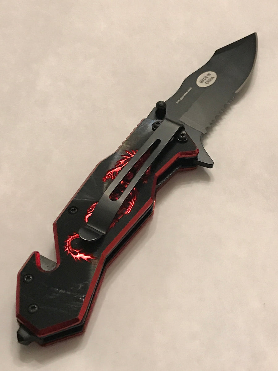 TACTICAL STILETTO ASSISTED FOLDING BLADE Red Dragon Samurai Spring