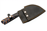 Cleaver sheathed in a genuine dark brown leather sheath with decorative stitching on a white background