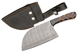 Heavy Duty Handmade Damascus Steel Cleaver W/ Braided Wood Handle & Genuine Leather Sheath on a white background