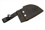 Black leather knife sheath with brown stitching on a white background