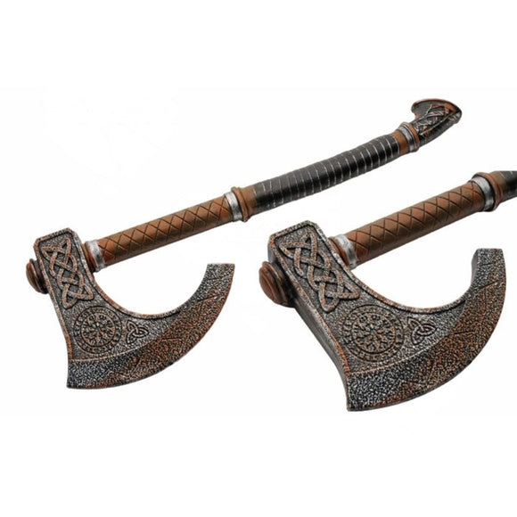 Two Valhalla Norse axes with intricate Celtic designs on a white background