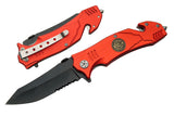  Fire Dept rescue knife open showing black serrated blade and red aluminum handle with firefighter emblem