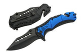 Folded blue tactical rescue knife showing pocket clip, seatbelt cutter hook, and glass breaker tip.