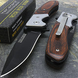 Two folding knives with wooden handles on a dark surface, one open showing a black blade.