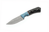 Damascus steel knife with a blue and black handle on a white background