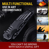 Multifunctional knife with images of its use in various scenarios on a black background.