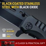Black-coated stainless steel knife with text on a dark background