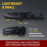 Black folding knife with measurements and text on a gray background