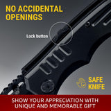 Black knife with lock button highlighted, text about safe knife design, and branding.