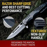 Knife on a green background with 'Razor Sharp Edge and Best Cutting Performance' text.