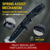 Folding knife with spring assist mechanism and liner lock on a dark background