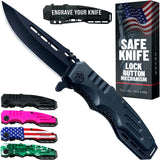 Folding knife with various colored handles and a packaging box featuring an American flag.