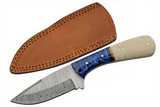 Damascus steel knife with camel bone handle and blue sapphire acrylic bolster with a brown leather sheath on a white background
