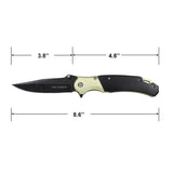 Folding knife with measurements on a white background
