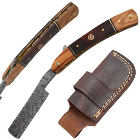 Traditional Damascus steel straight razor with two-toned wooden handle and leather sheath on a white background