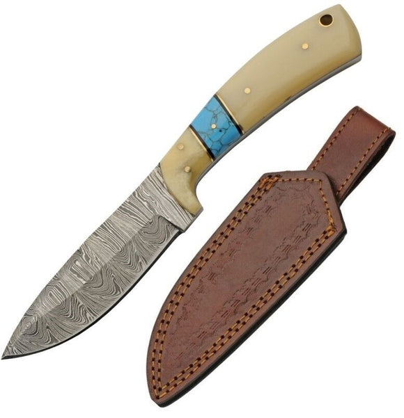 Damascus Steel Knife With Brown Handle, Turquoise Highlight, and brown leather sheath 