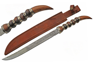 23.5" Ringed Tail Steel Guard Damascus Steel Sword for Sale with Leather Sheath
