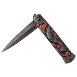 Dark Side Blades Dragon Stiletto Stonewash Grey &Red Handle Spring Assisted Knife