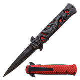 Dark Side Blades Dragon Stiletto Stonewash Grey &Red Handle Spring Assisted Knife