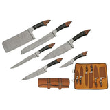 6 Piece Set of Damascus steel kitchen chef knives with leather roll-up sheath on a white background