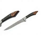 Damascus steel small kitchen knife with a wooden handle on a white background