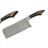 Large cleaver knife with a Damascus steel blade and brown/black wood handle on a white background