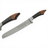 Damascus steel kitchen chef bread knives with wooden handles on a white background