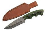 Damascus knife with green and black Micarta handle and brown leather belt sheath on a white background