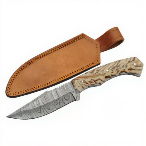 Handcrafted Damascus steel snowpeak hunter skinning knife with brown leather sheath on a white background