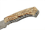 Close-up of a handcrafted Damascus steel snowpeak hunter skinning knife's full tang construction