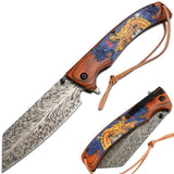 Dark Fantasy Blades Gold Dragon folding knife with wooden handle and leather lanyard strap on a white background