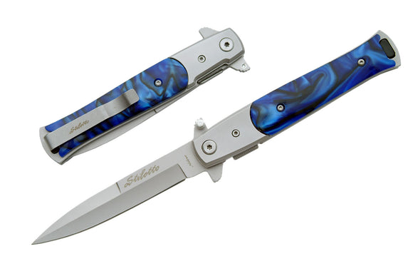 Deep Dark Blue Wavy Pattern Stiletto Assisted Pocket Knife For Sale 300102-BL