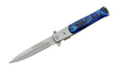 Deep Blue Wavy Pattern Stiletto Assisted Pocket Knife For Sale Open View 300102-BL