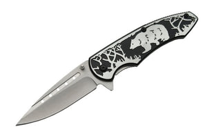 8" Embossed Bear Graphic Silver & Black Matte Assisted Pocket Knife (300268-BK)
