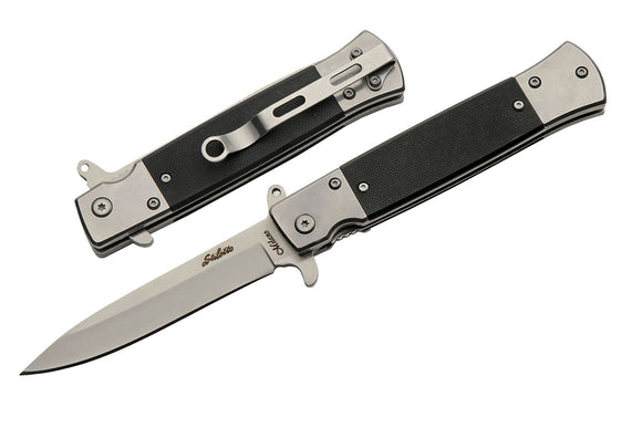 G10 Stiletto Black & Silver Spring Assisted Heavy Duty Folding Pocket Knife 300584