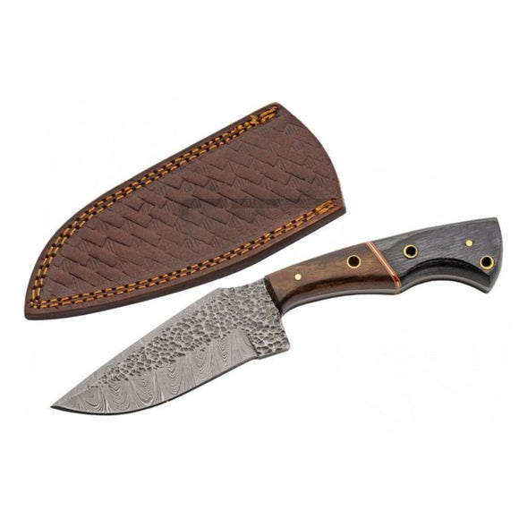 Knife with wooden handle and leather sheath on a white background