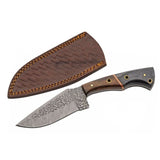 Knife with wooden handle and leather sheath on a white background