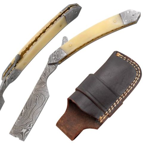 Real & Authentic Shaving Razor With Damascus steel blade and bone handle, accompanied by a brown leather sheath.